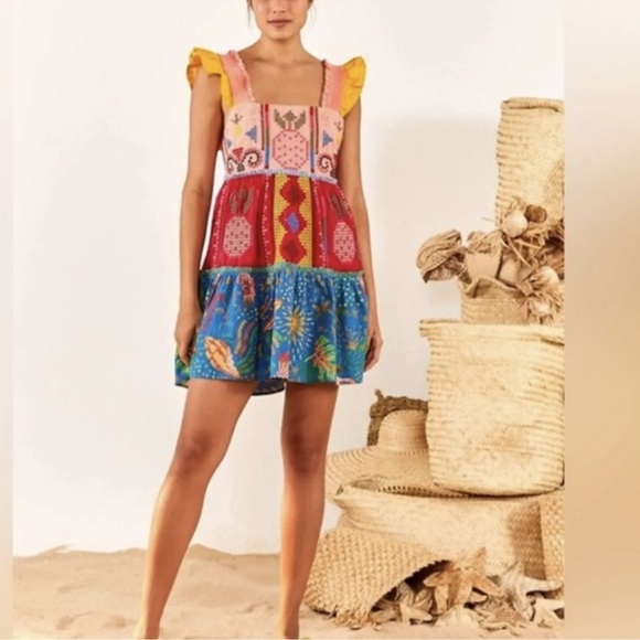 FARM RIO Cross-Stitch Embroidered Tiered Cotton Minidress - Picture 9 of 10